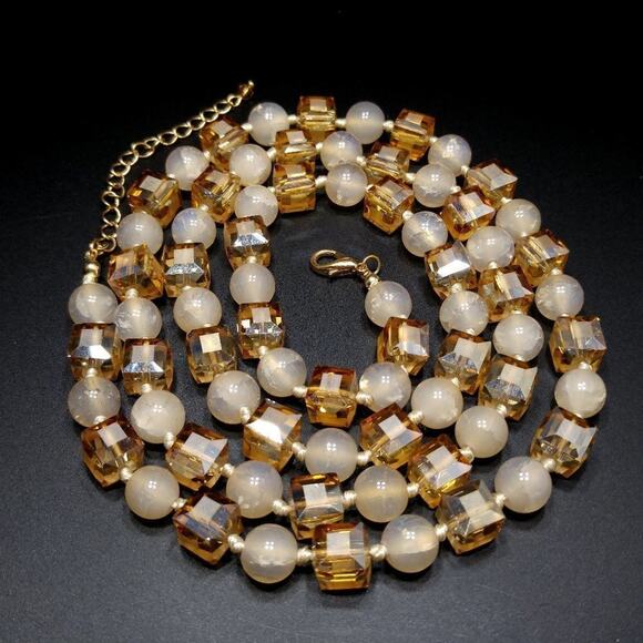 Square Crystal Light Topaz Crackle Glass Beaded Long Necklace, 40" Hand-knotted - Picture 1 of 10